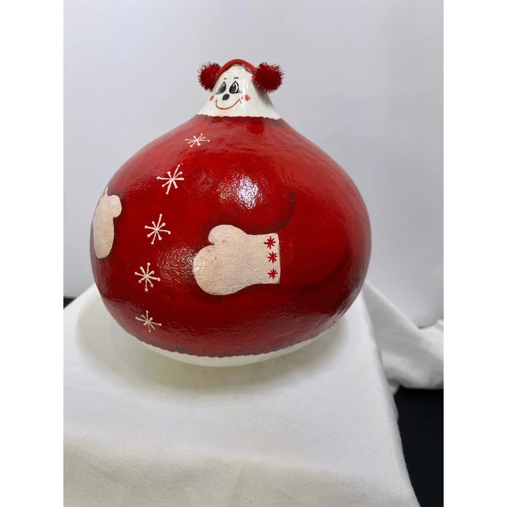Vintage Folk Art Hand Painted Snowman Gourd Christmas Decor
